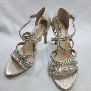 Kelly & Katie Shoes 6.5 High Heel Strappy Pumps BEIGE Gold Glass Night Out Sexy